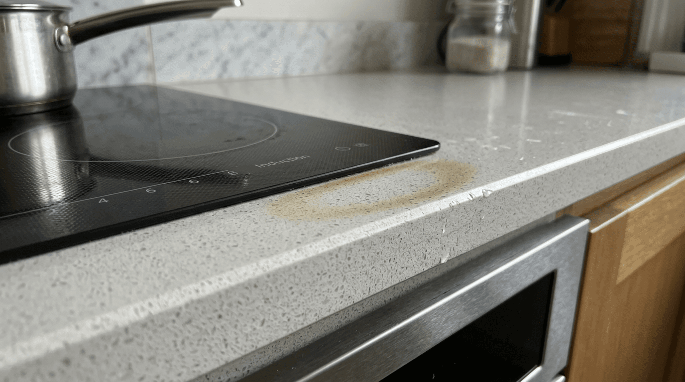 Cubierta de cuarzo en cocina con ollas